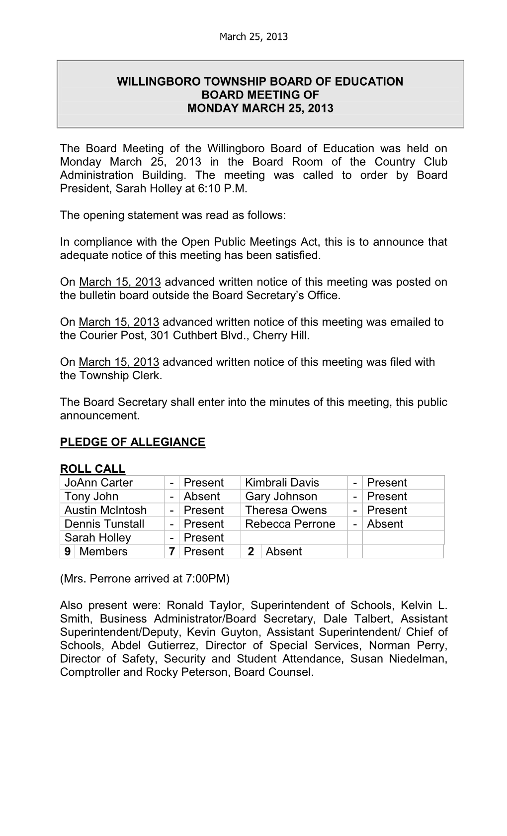 Willingboro Township Board of Education Board Meeting of Monday March 25, 2013
