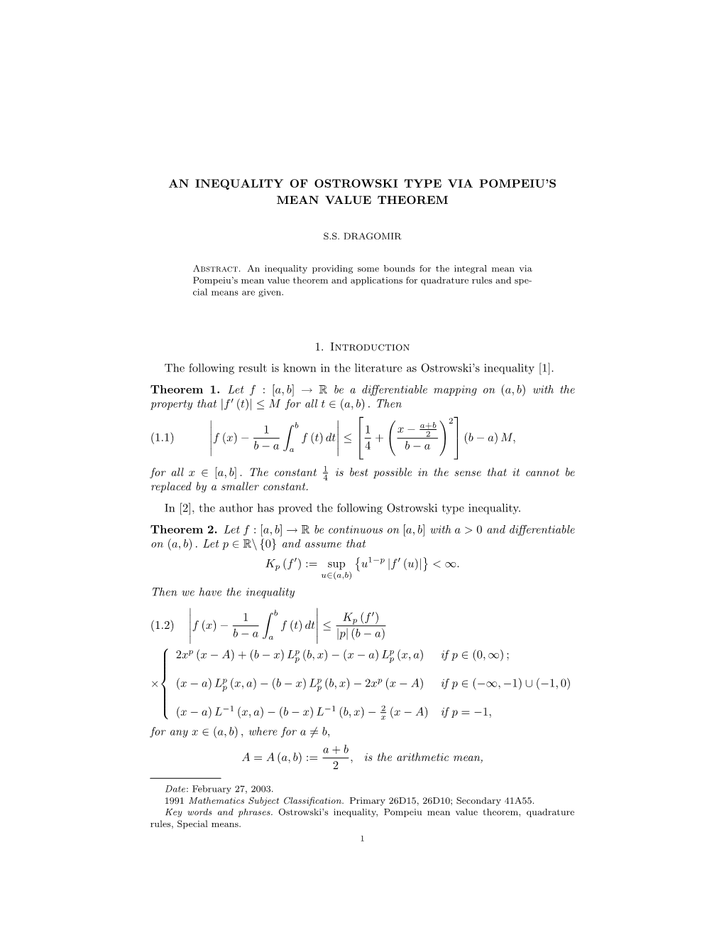 An Inequality of Ostrowski Type Via Pompeiu's Mean