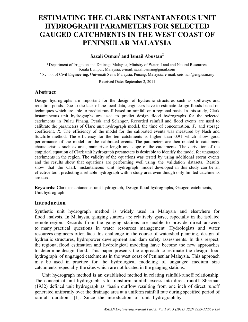 Estimating the Clark Instantaneous Unit Hydrograph Parameters for Selected Gauged Catchments in the West Coast of Peninsular Malaysia