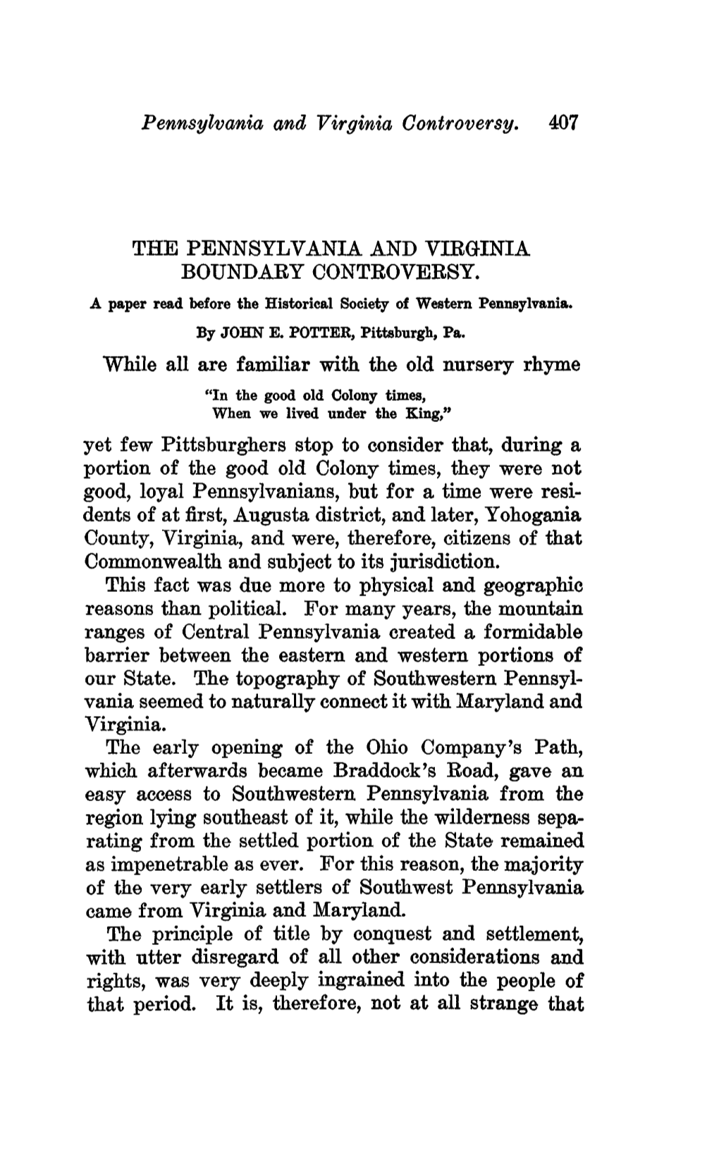 Pennsylvania and Virginia Controversy. 407 THE