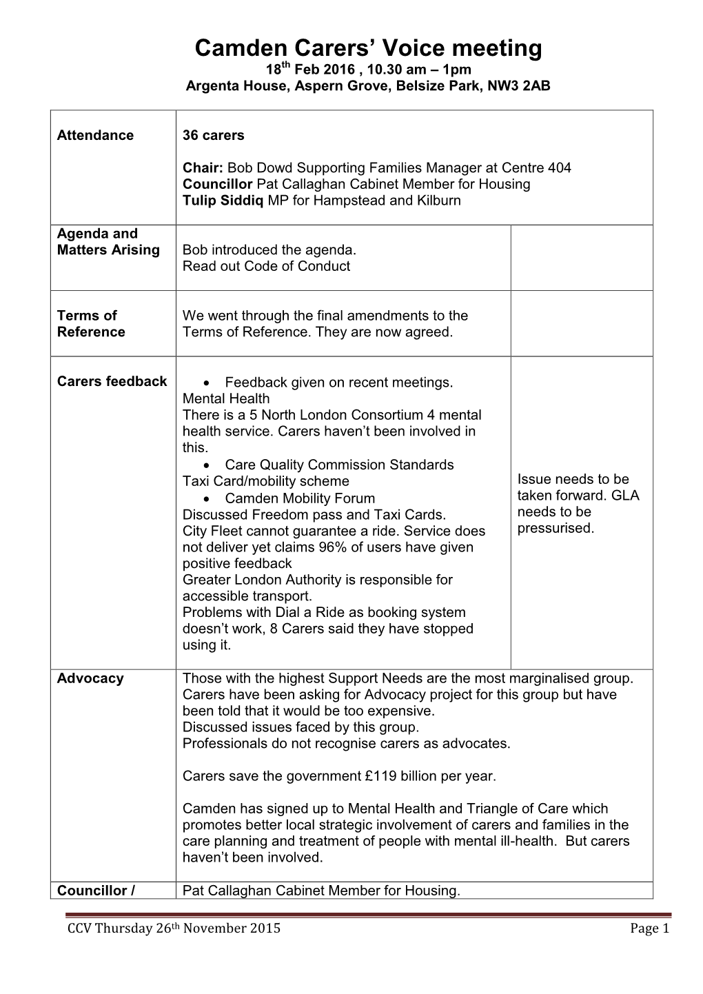 Camden Carers' Voice Meeting