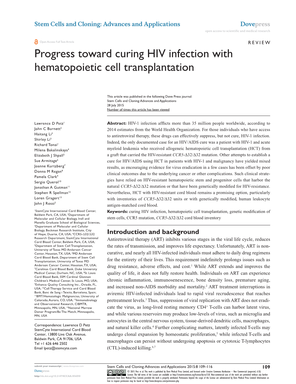 Progress Toward Curing HIV Infection with Hematopoietic Cell Transplantation