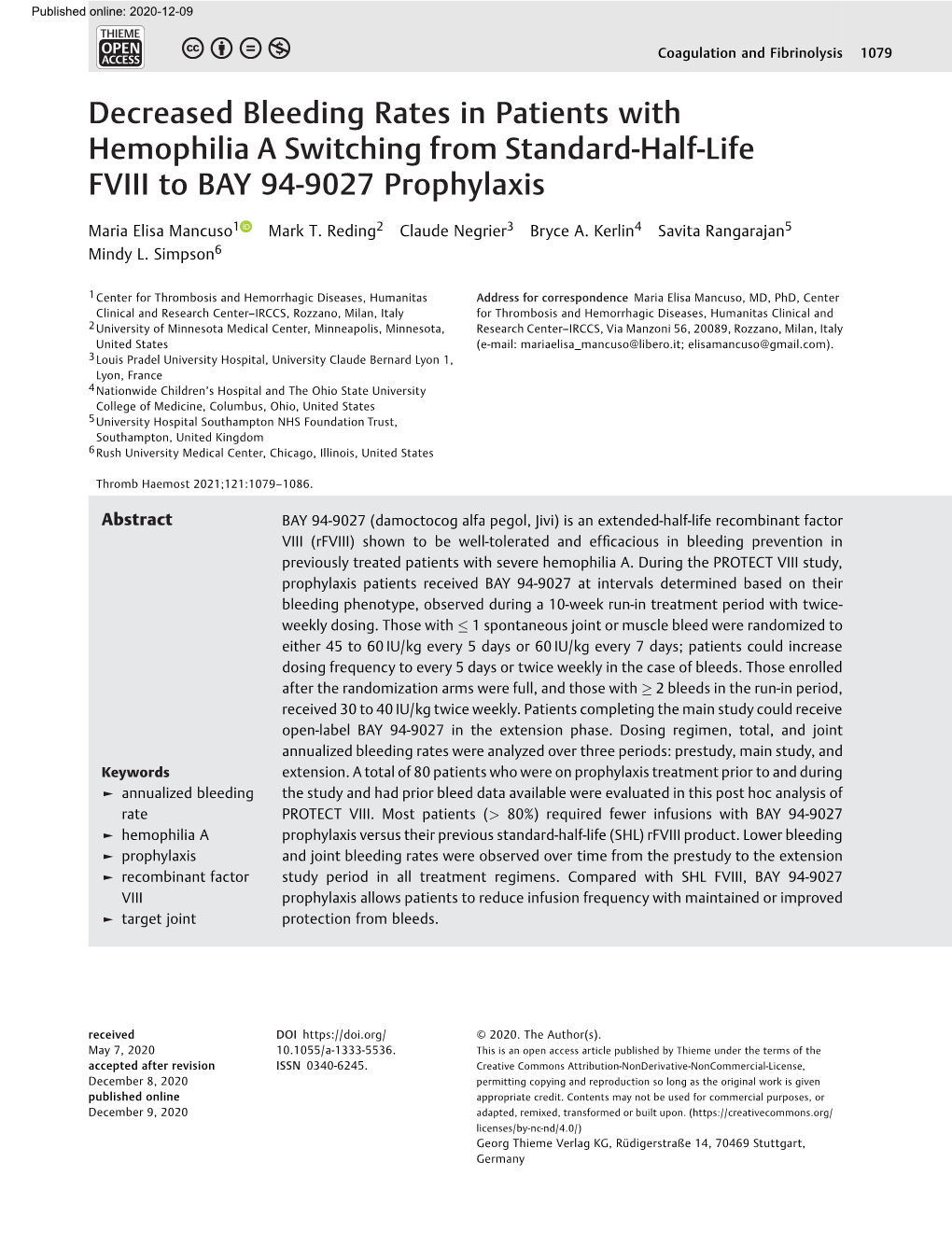 Decreased Bleeding Rates in Patients with Hemophilia a Switching from Standard-Half-Life FVIII to BAY 94-9027 Prophylaxis