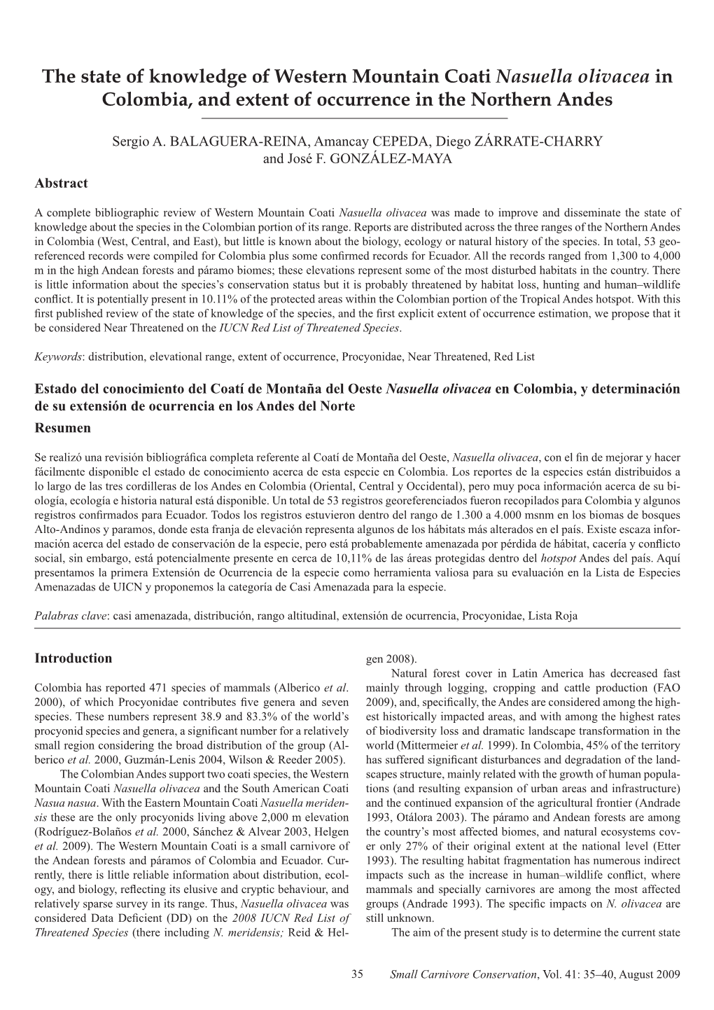 The State of Knowledge of Western Mountain Coati Nasuella Olivacea in Colombia, and Extent of Occurrence in the Northern Andes