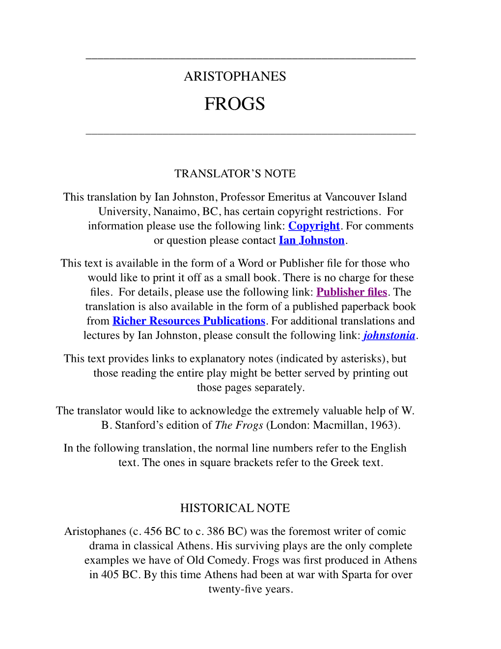 Aristophanes, Frogs (E-Text)