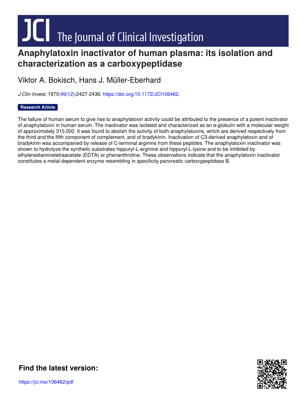Anaphylatoxin Inactivator of Human Plasma: Its Isolation and Characterization As a Carboxypeptidase
