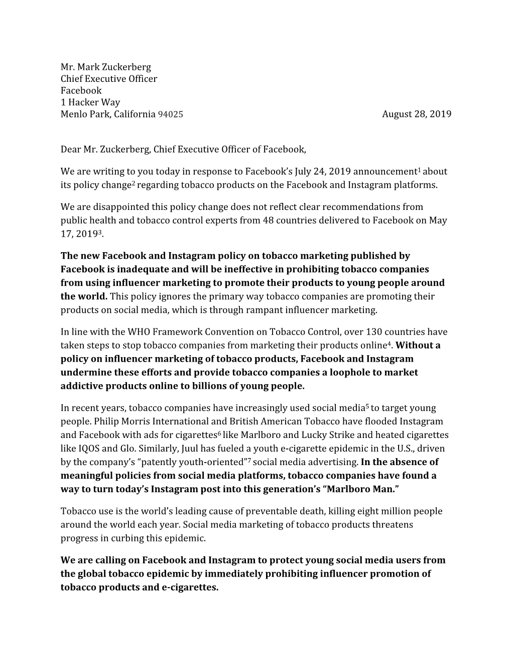 Joint Letter to Facebook Regarding Tobacco and Influencer Marketing