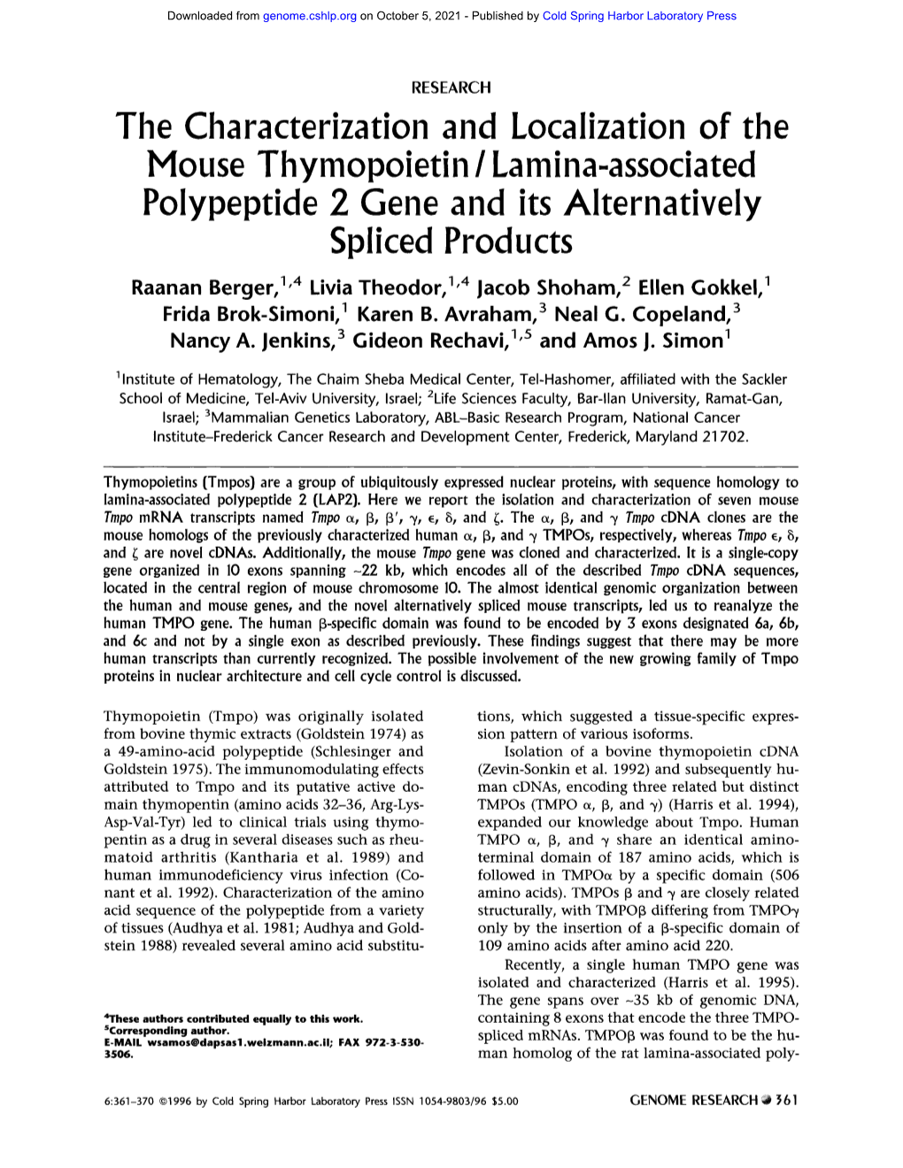 The Characterization and Localization of the Mouse Thymopoietin