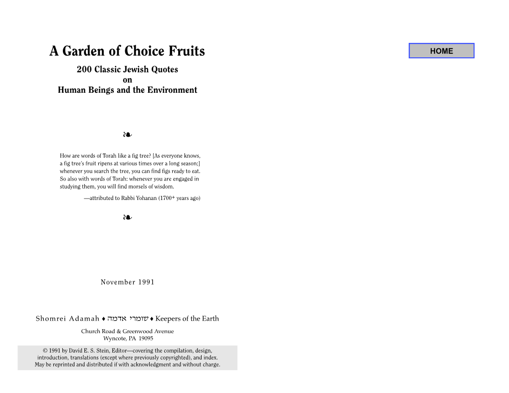 A Garden of Choice Fruits 200 Classic Jewish Quotes on Human Beings and the Environment