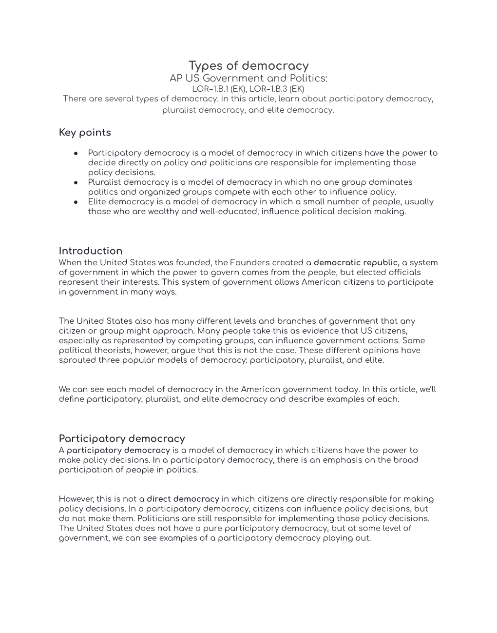Types of Democracy AP US Government and Politics: LOR-1.B.1 (EK), LOR-1.B.3 (EK) There Are Several Types of Democracy