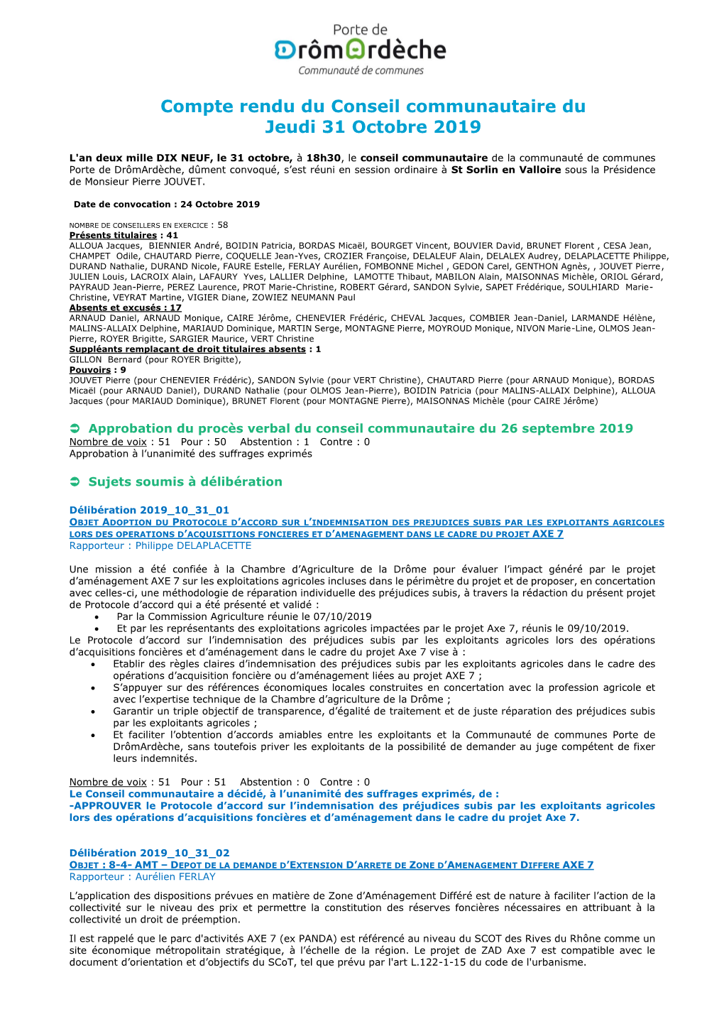 Compte Rendu Du Conseil Communautaire Du Jeudi 31 Octobre 2019