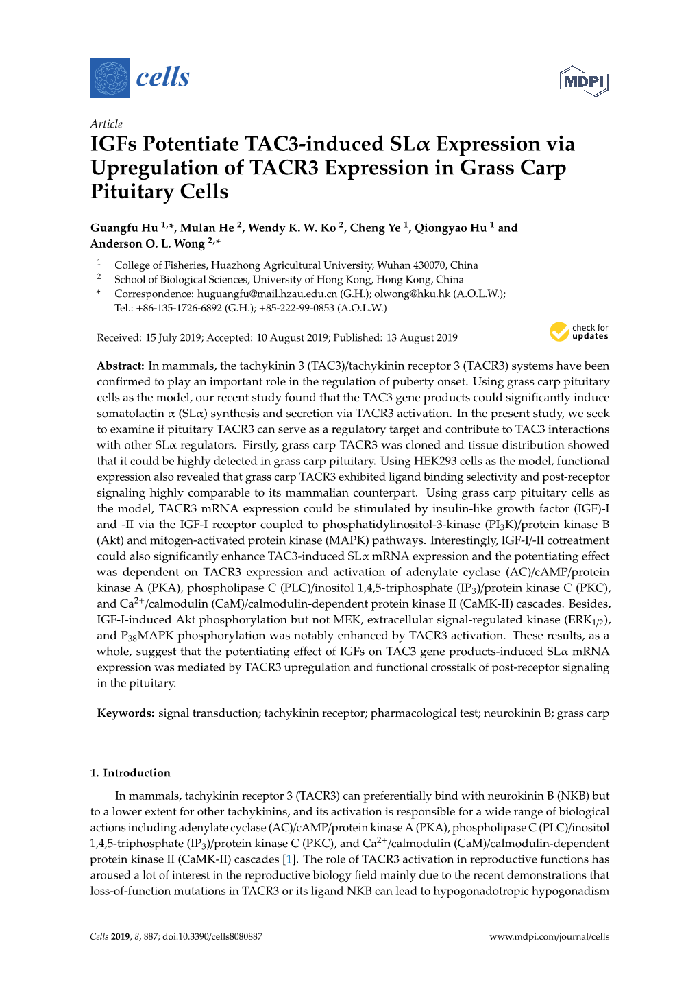 Igfs Potentiate TAC3-Induced Slα Expression Via Upregulation of TACR3 Expression in Grass Carp Pituitary Cells