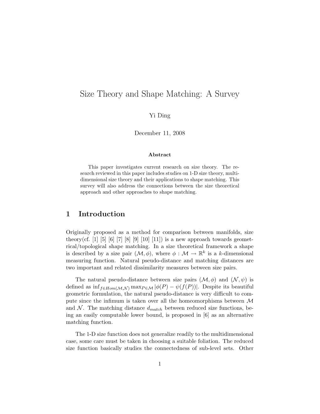 Size Theory and Shape Matching: a Survey