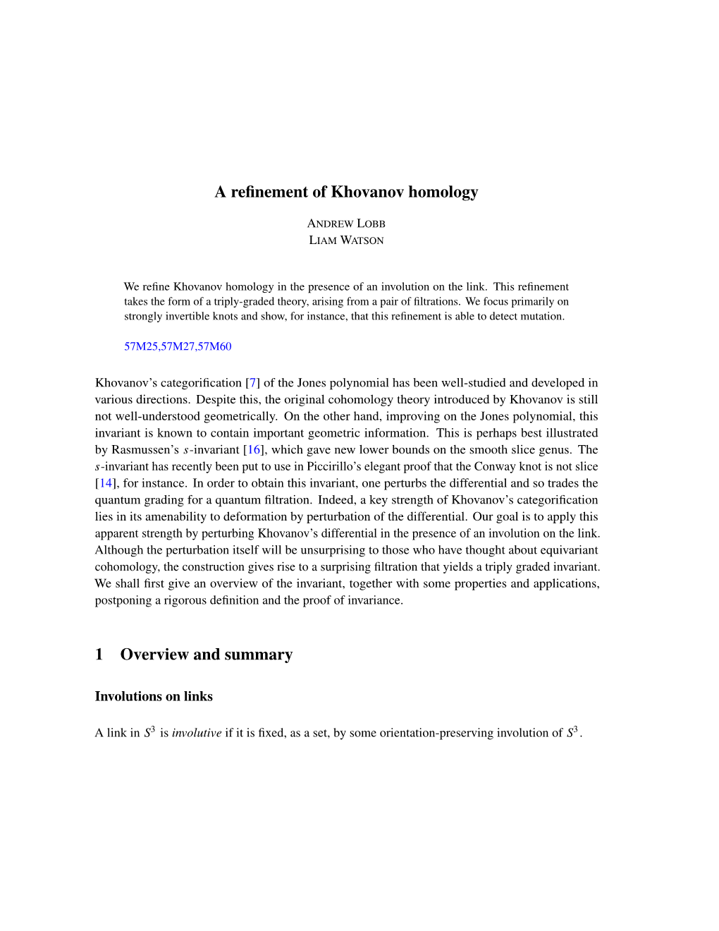 A Refinement of Khovanov Homology 1 Overview and Summary