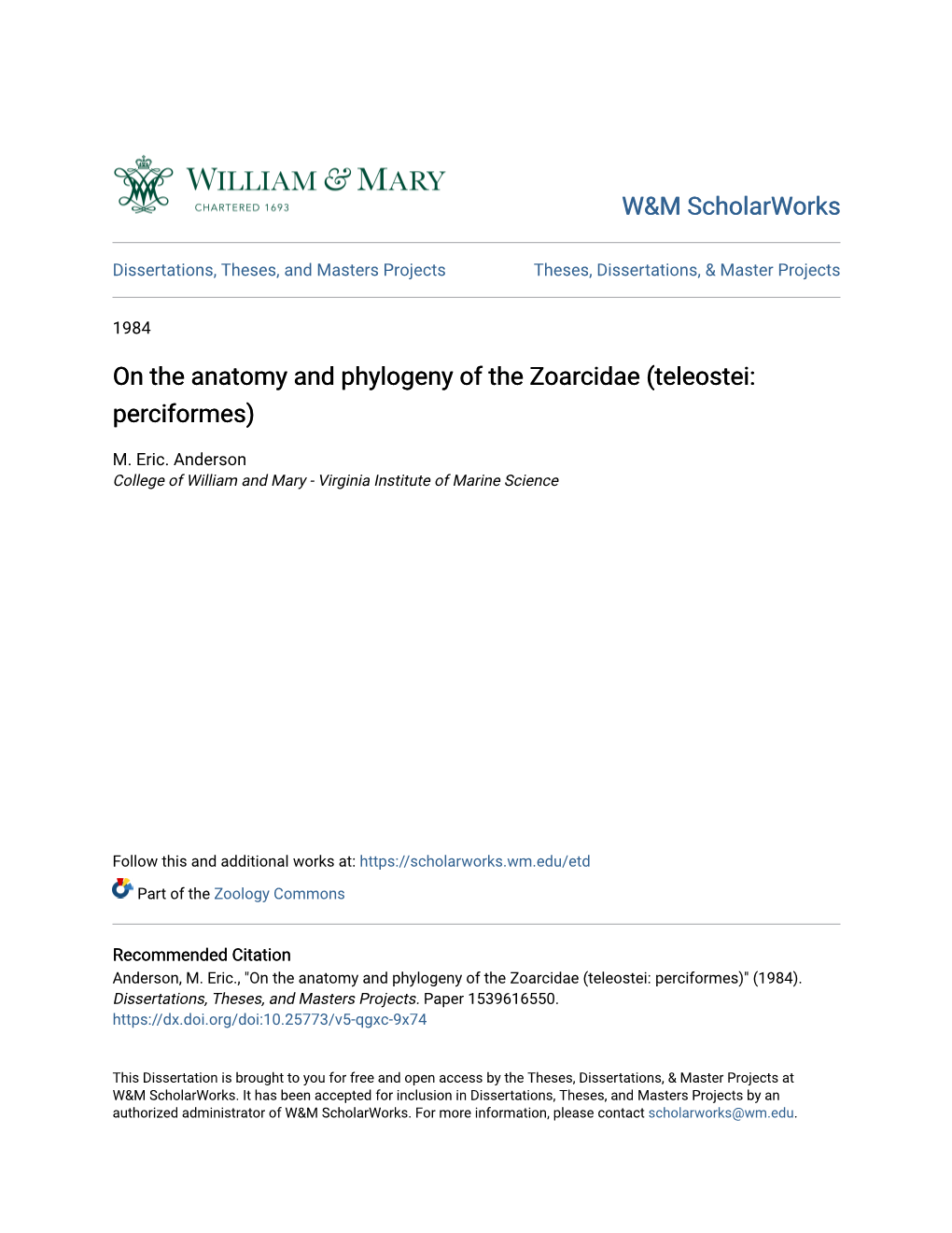 On the Anatomy and Phylogeny of the Zoarcidae (Teleostei: Perciformes)