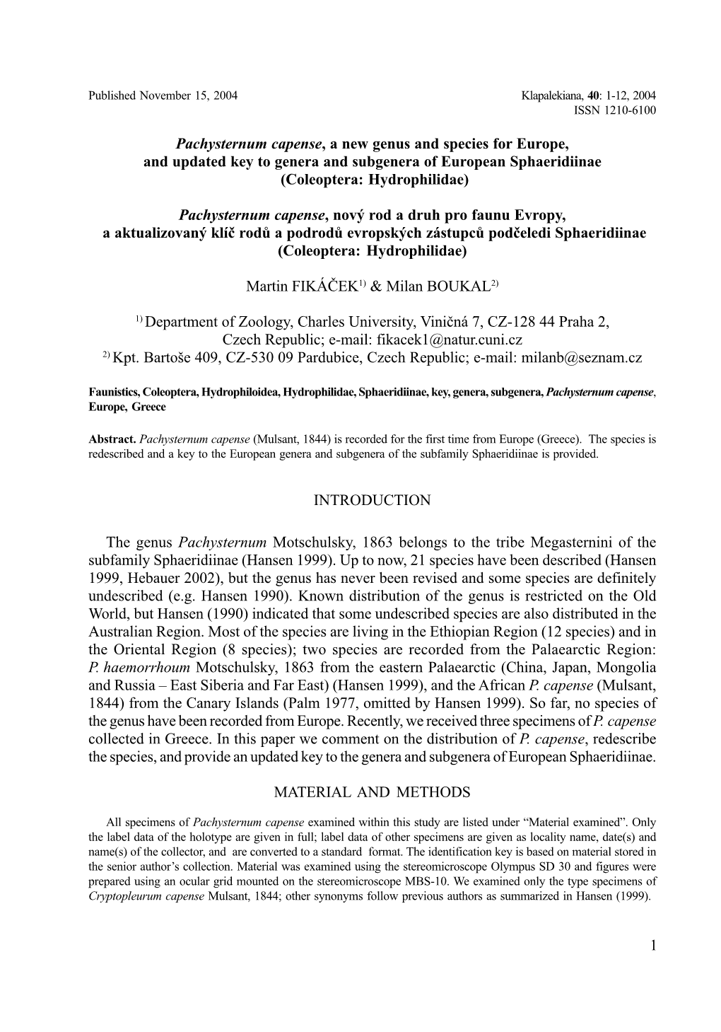 1 Pachysternum Capense, a New Genus and Species for Europe, And