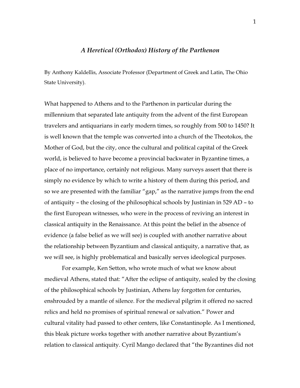 A Heretical (Orthodox) History of the Parthenon