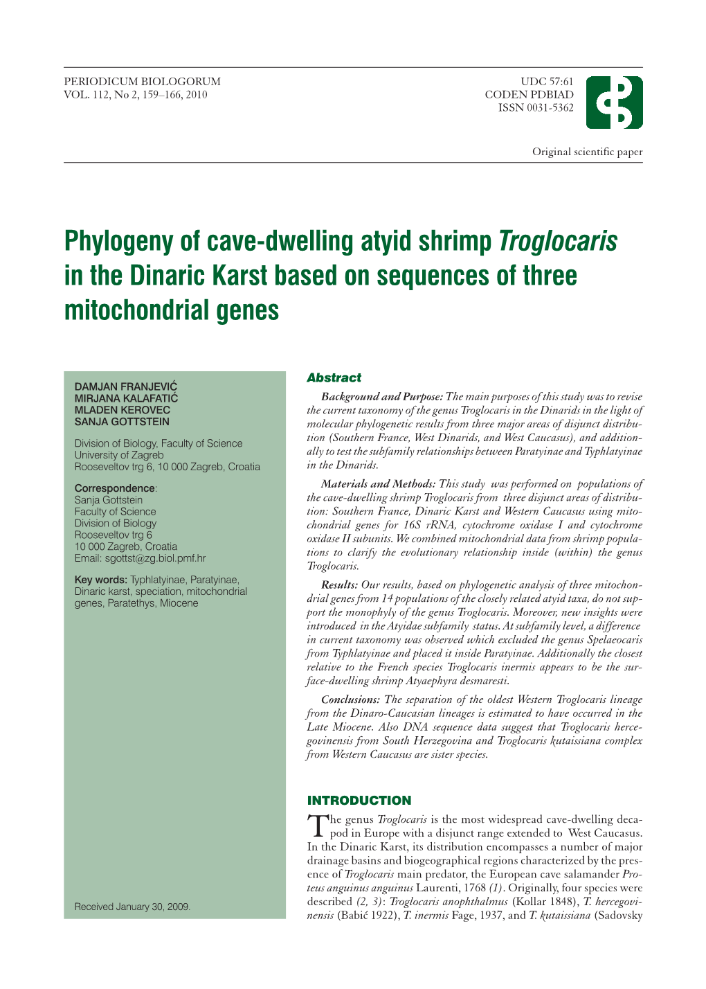 Phylogeny of Cave-Dwelling Atyid Shrimp Troglocaris in the Dinaric Karst Based on Sequences of Three Mitochondrial Genes