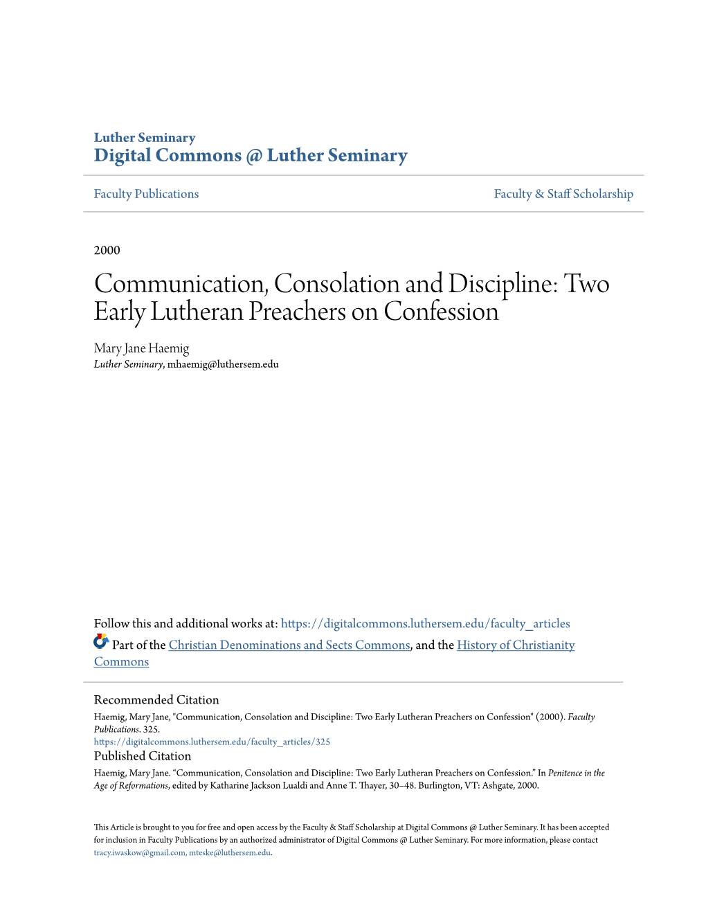 Two Early Lutheran Preachers on Confession Mary Jane Haemig Luther Seminary, Mhaemig@Luthersem.Edu