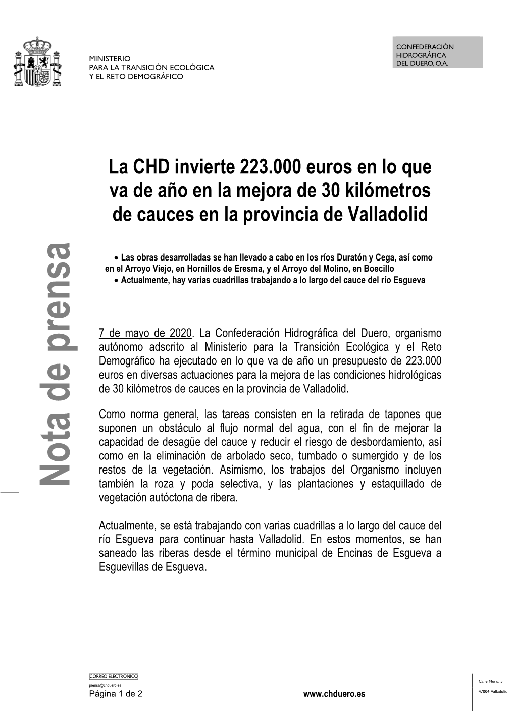 Nota De Prensa CHD Cauces Valladolid 07052020.Pdf