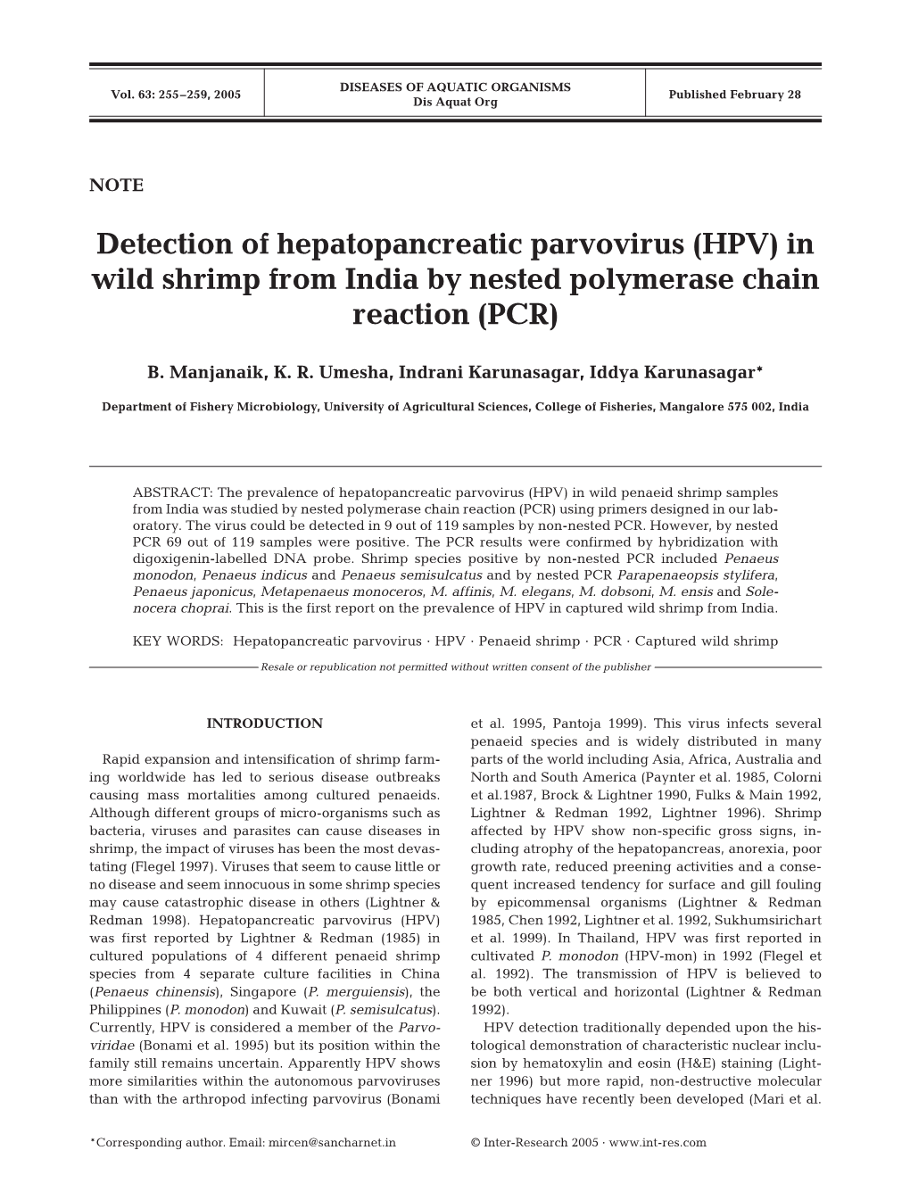Detection of Hepatopancreatic Parvovirus (HPV) in Wild Shrimp from India by Nested Polymerase Chain Reaction (PCR)