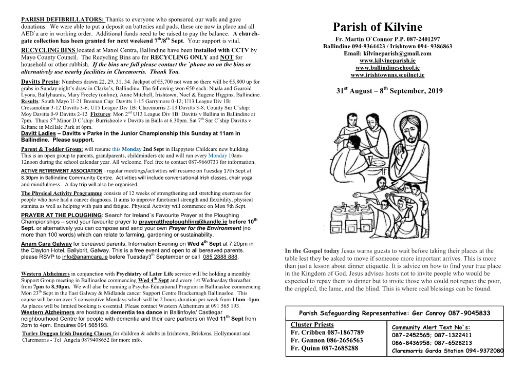 Parish Newsletter Please Forward Your List with Names and Dates and They Will Be Included Annually in the Newsletter