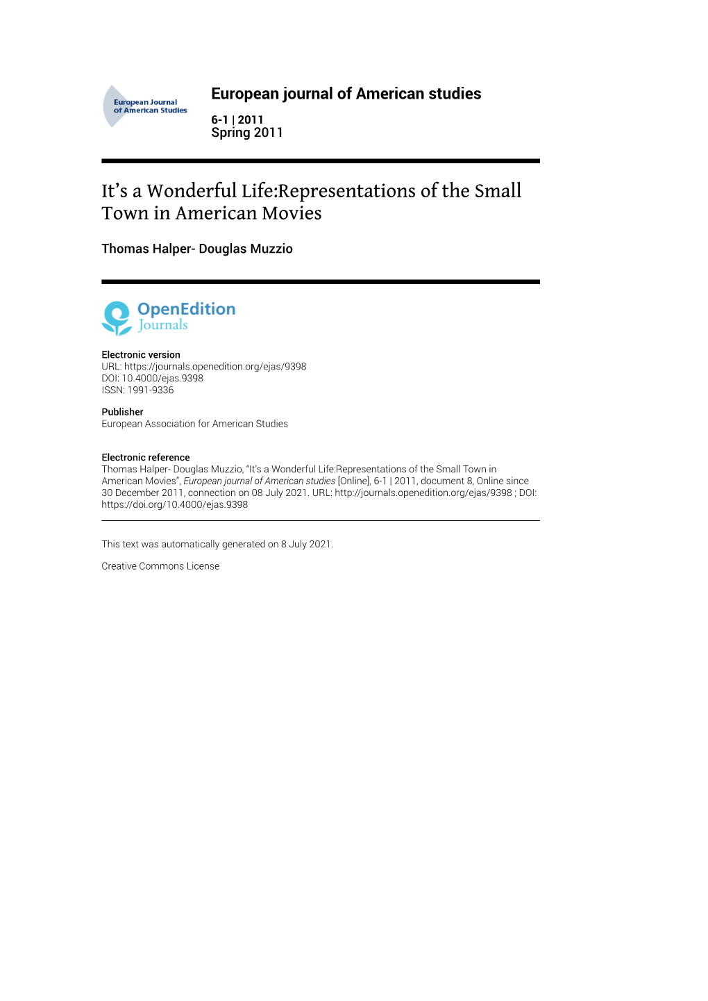 European Journal of American Studies, 6-1 | 2011 It’S a Wonderful Life:Representations of the Small Town in American Movies 2