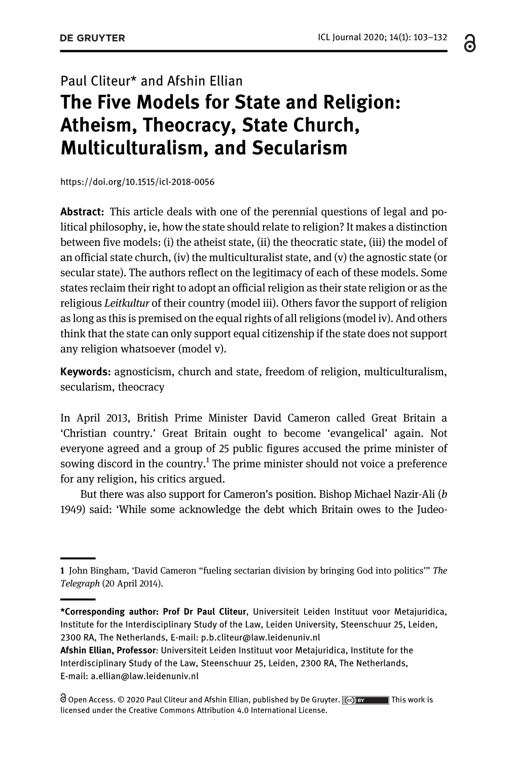 The Five Models for State and Religion: Atheism, Theocracy, State Church, Multiculturalism, and Secularism