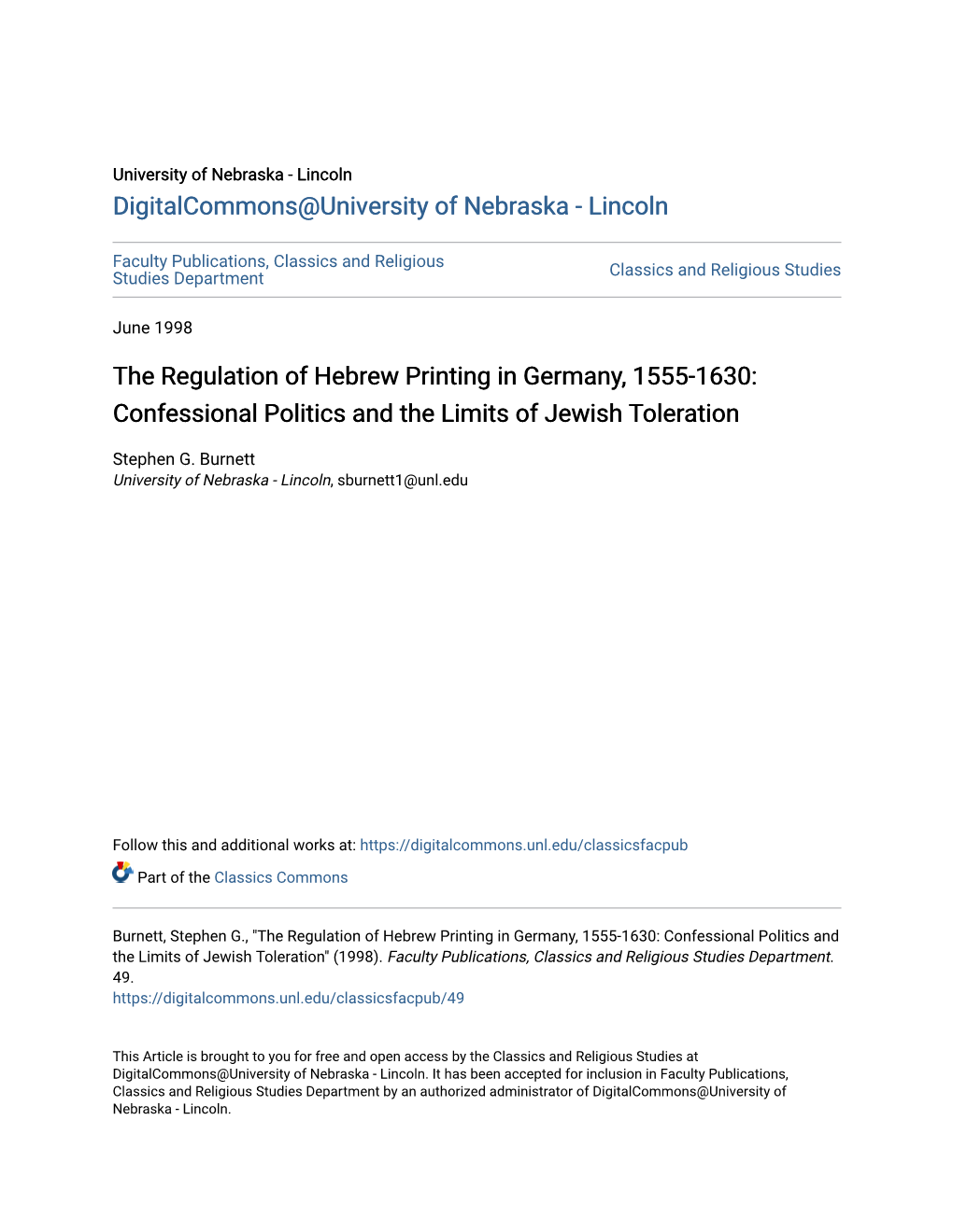 The Regulation of Hebrew Printing in Germany, 1555-1630: Confessional Politics and the Limits of Jewish Toleration