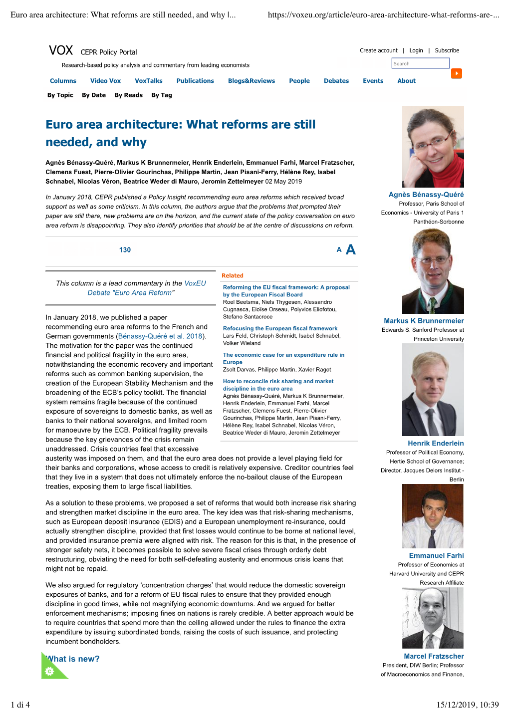 Euro Area Architecture: What Reforms Are Still Needed, and Why |