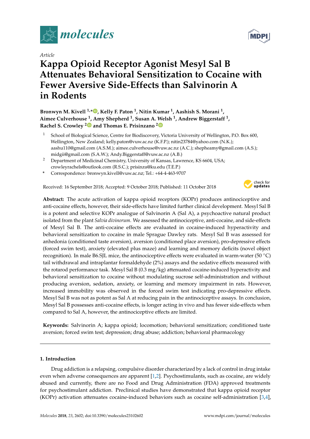 Kappa Opioid Receptor Agonist Mesyl Sal B Attenuates Behavioral Sensitization to Cocaine with Fewer Aversive Side-Effects Than Salvinorin a in Rodents