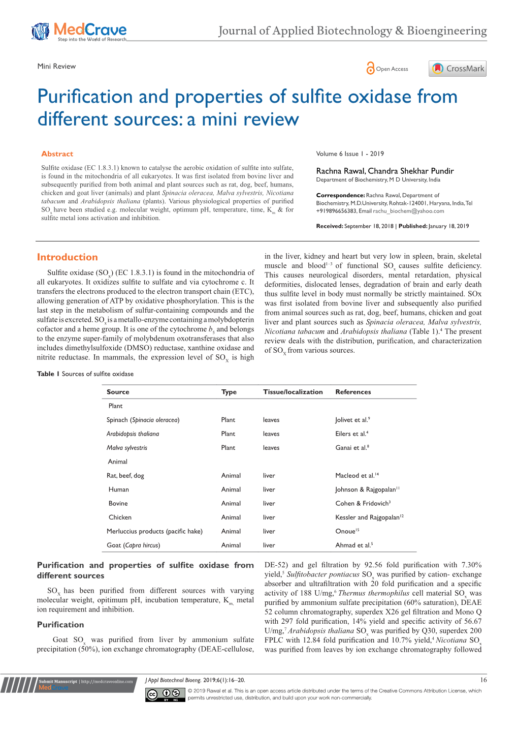 Purification and Properties of Sulfite Oxidase from Different Sources: a Mini Review