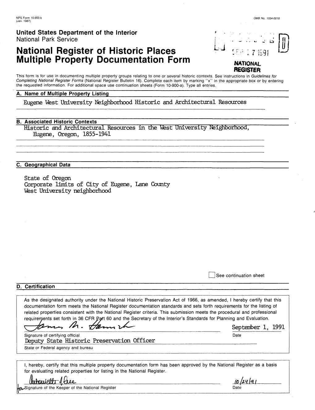 171991 Multiple Property Documentation Form NATIONAL