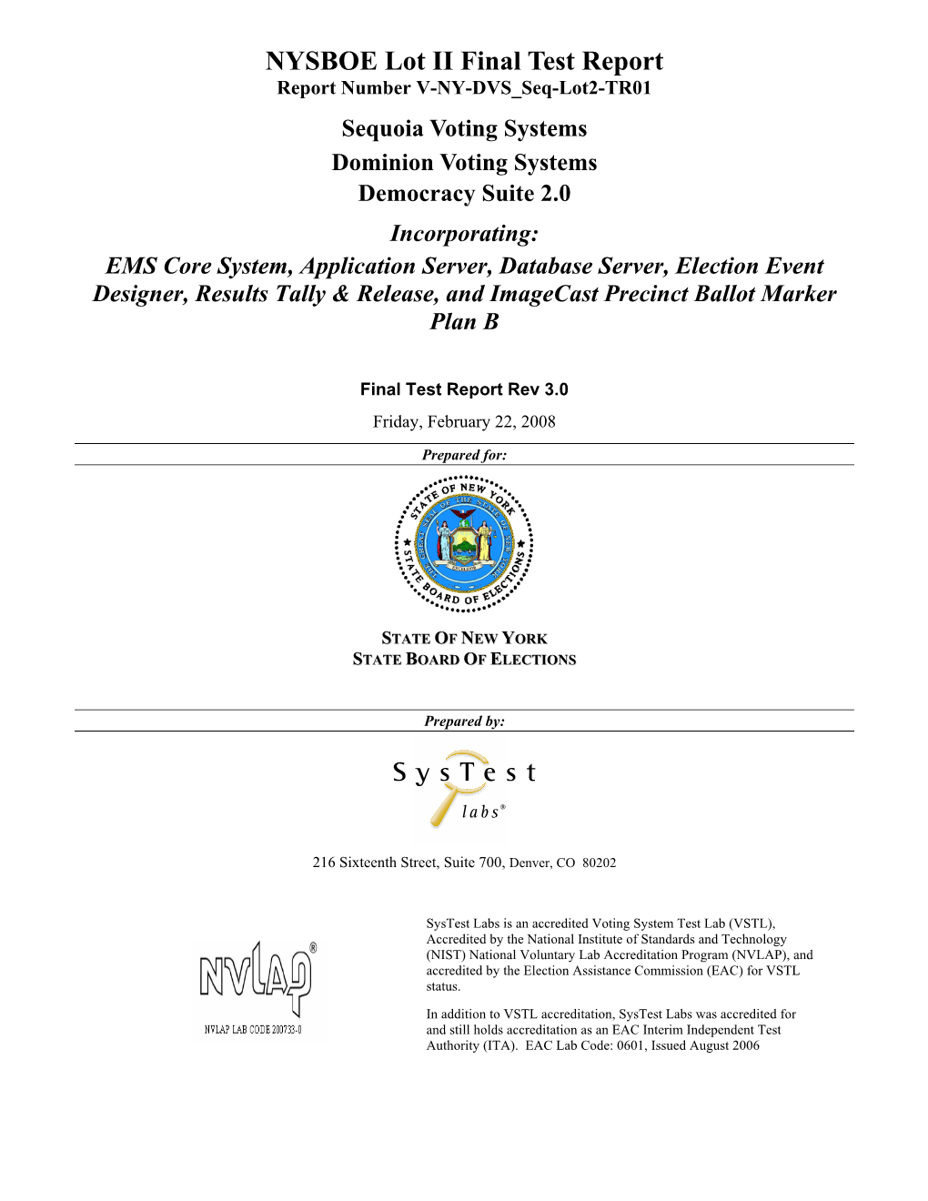 Final Test Report Dominion Voting Systems Democracy Suite 2.0, New York State Board of Election