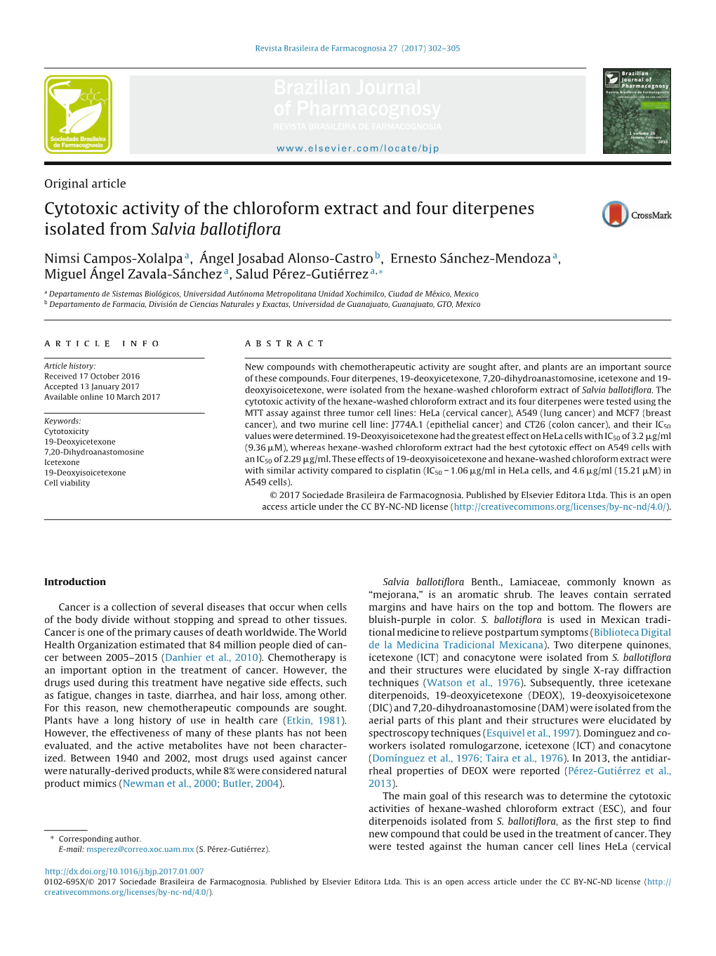 Cytotoxic Activity of the Chloroform Extract and Four Diterpenes Isolated