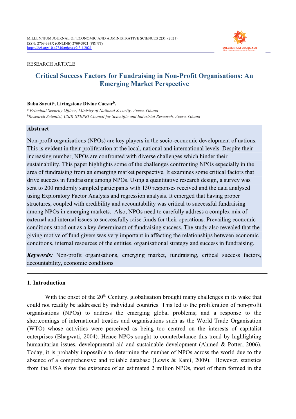 Critical Success Factors for Fundraising in Non-Profit Organisations: an Emerging Market Perspective