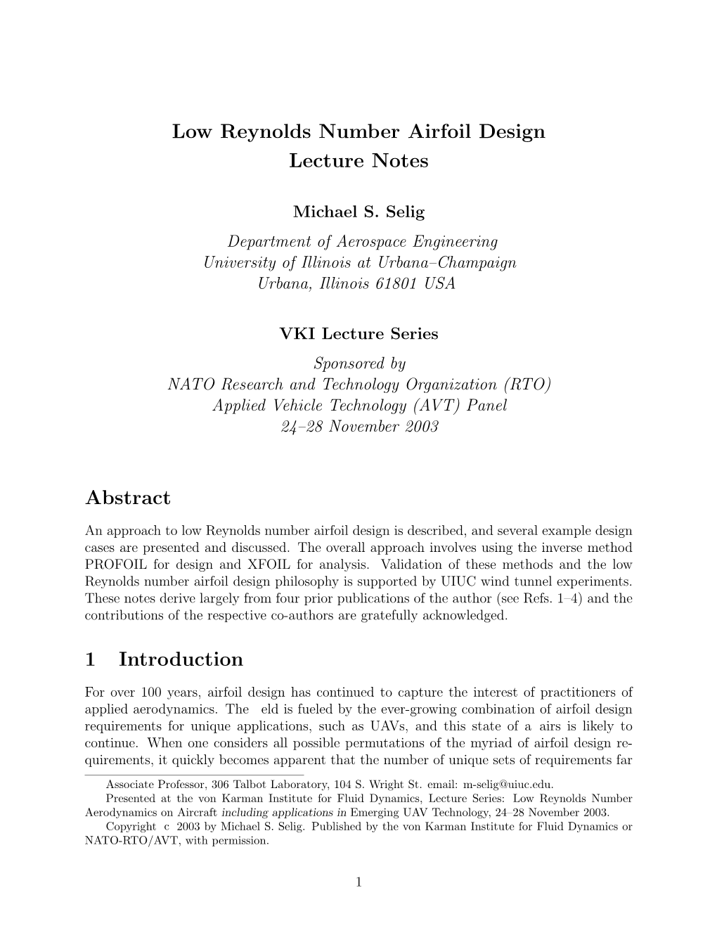 Low Reynolds Number Airfoil Design Lecture Notes