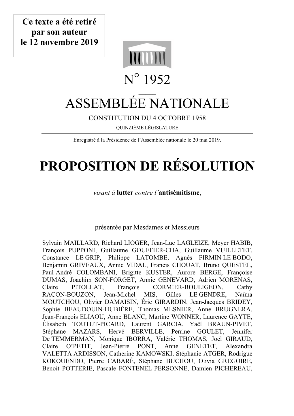 N° 1952 Assemblée Nationale Proposition De Résolution