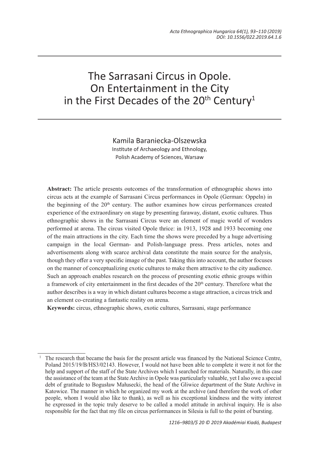 The Sarrasani Circus in Opole. on Entertainment in the City in the First Decades of the 20Th Century1