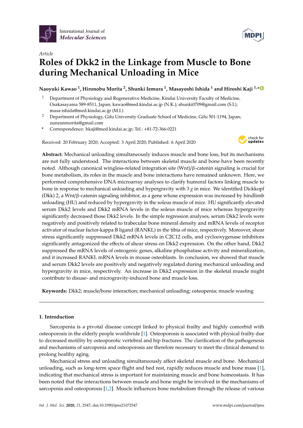 Roles of Dkk2 in the Linkage from Muscle to Bone During Mechanical Unloading in Mice