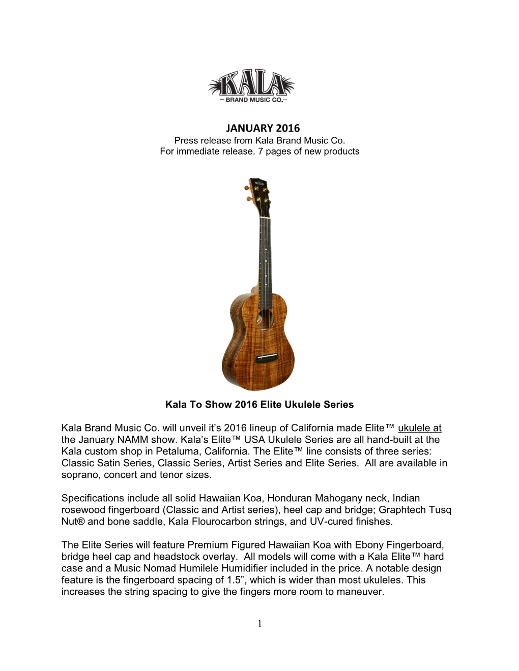 JANUARY 2016 Press Release from Kala Brand Music Co