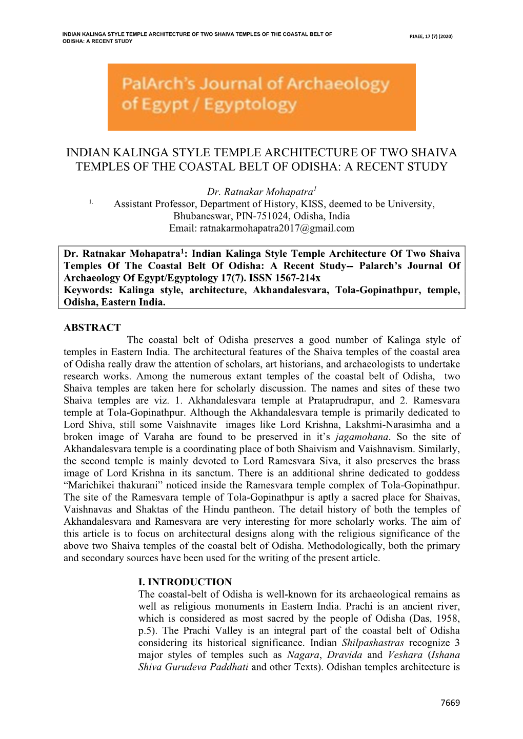 Indian Kalinga Style Temple Architecture of Two Shaiva Temples of the Coastal Belt of Odisha: a Recent Study