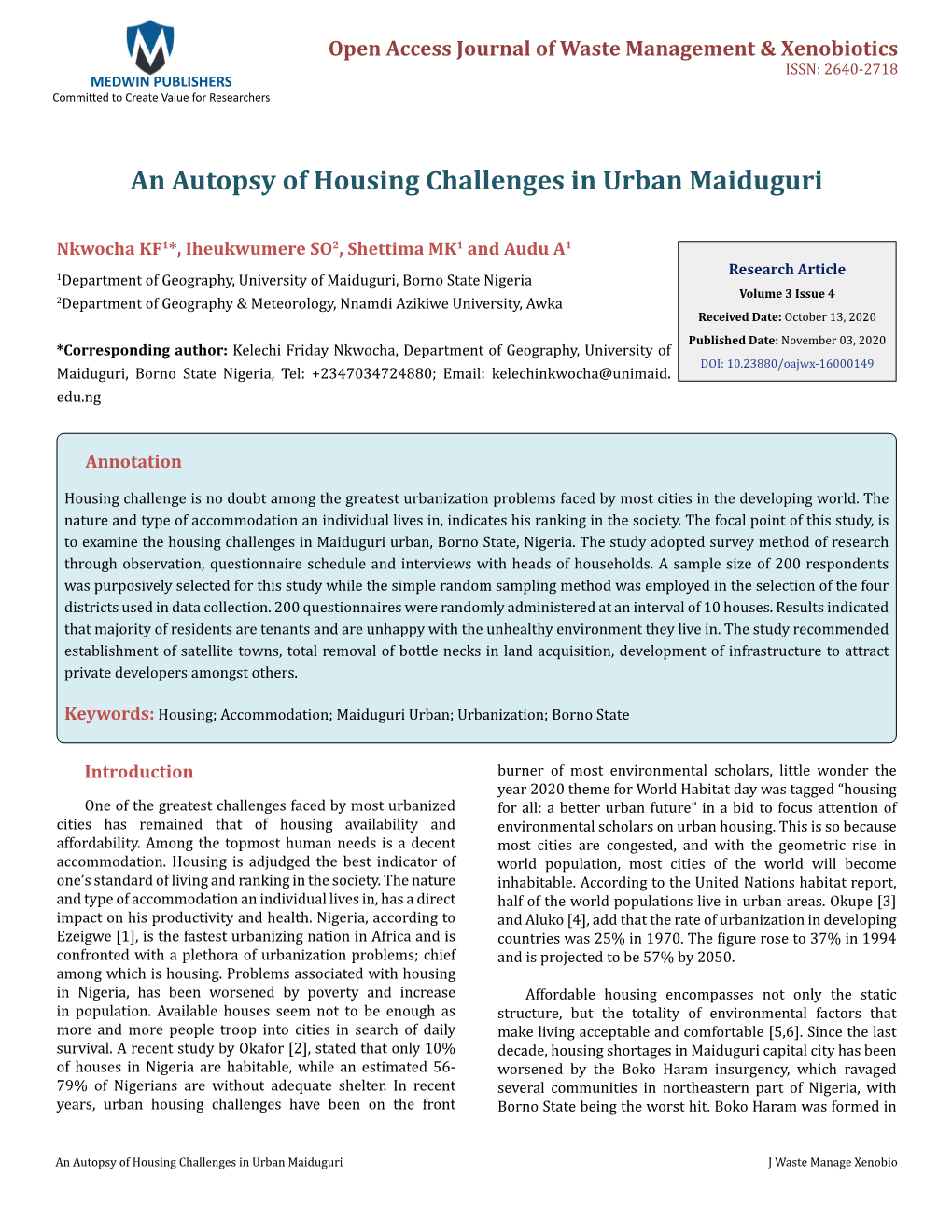 An Autopsy of Housing Challenges in Urban Maiduguri