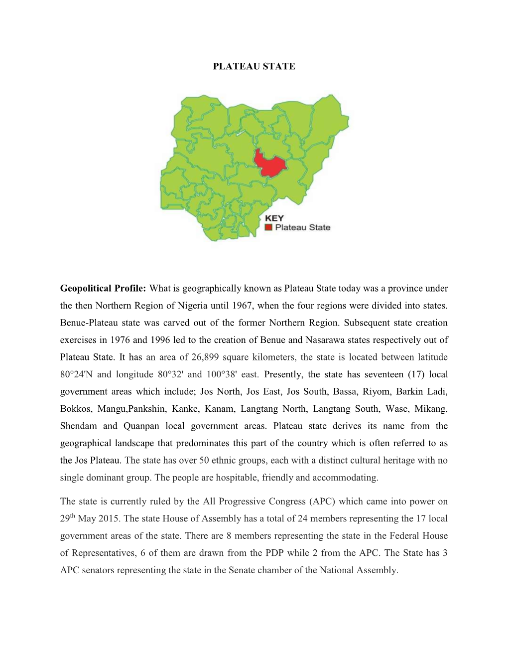 PLATEAU STATE Geopolitical Profile