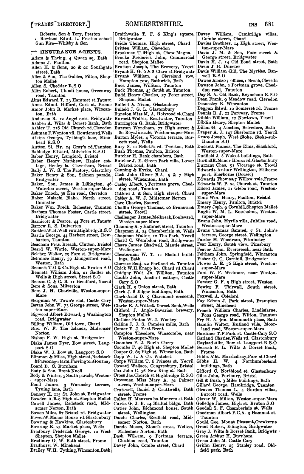 SOMERSETSHIRE. INS 681 Roberts, Son & Tory, Prf'ston Braithwaite T