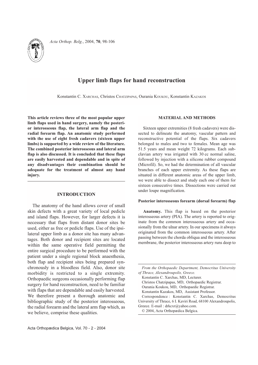 Upper Limb Flaps for Hand Reconstruction