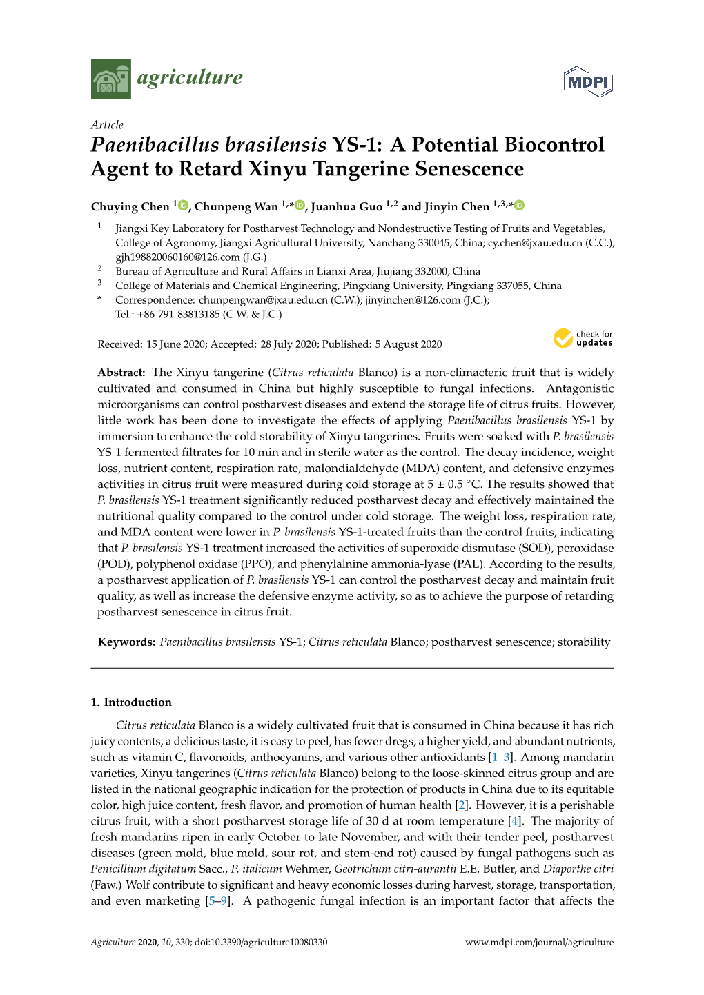 Paenibacillus Brasilensis YS-1: a Potential Biocontrol Agent to Retard Xinyu Tangerine Senescence