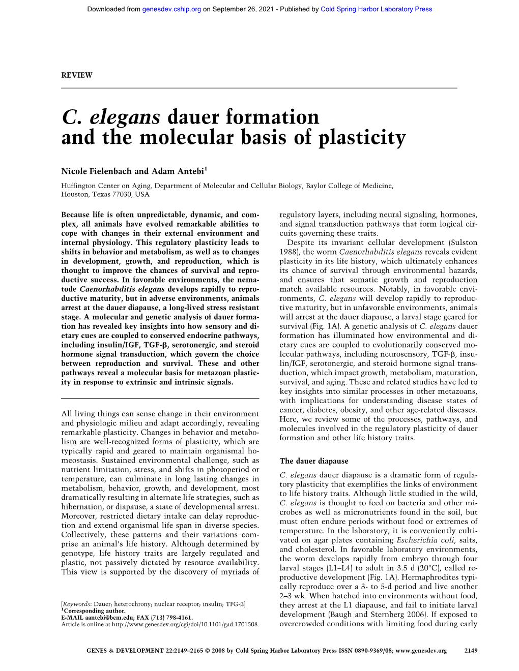 C. Elegans Dauer Formation and the Molecular Basis of Plasticity
