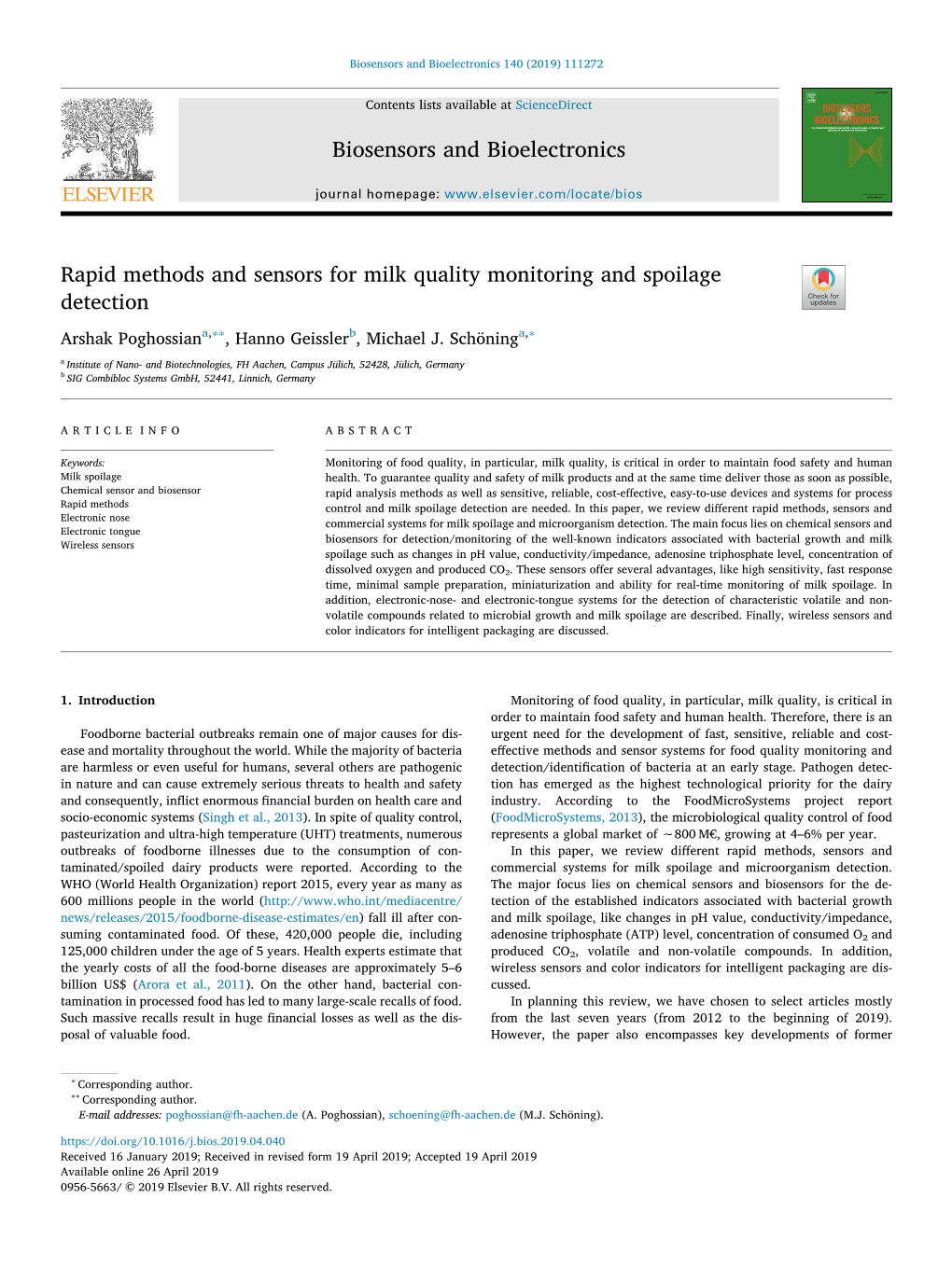 Biosensors and Bioelectronics Rapid Methods and Sensors for Milk