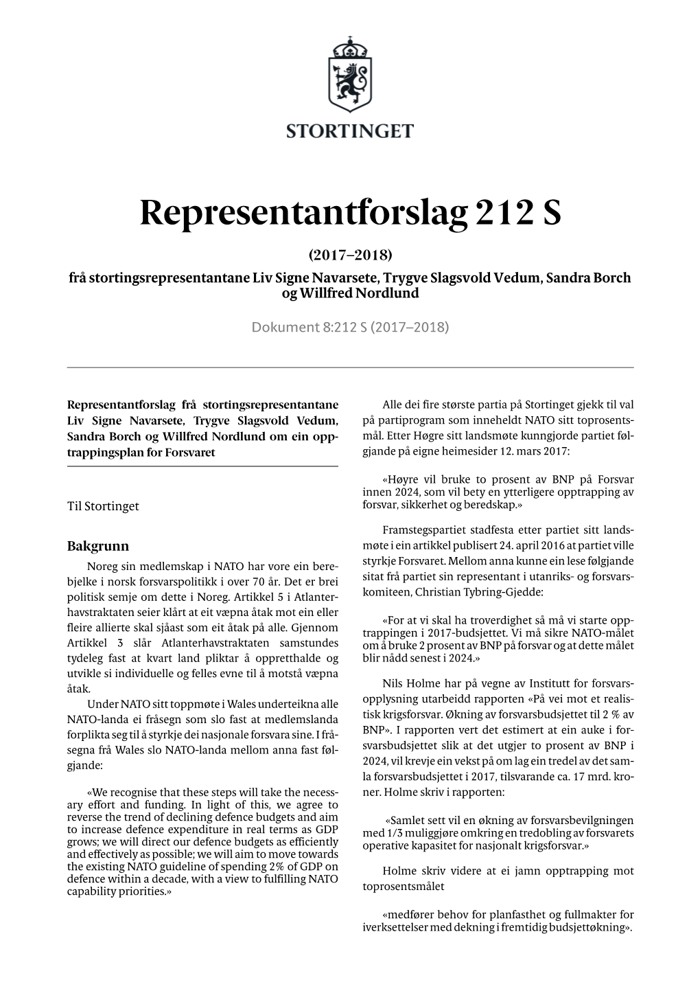 Representantforslag 212 S